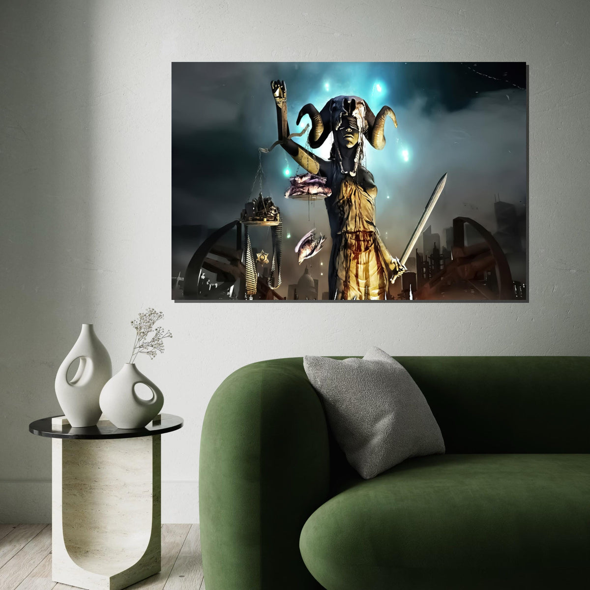 Surreal Justice Canvas, Lady Justice in Dark Fantasy, Horned Justice Wall Art, Sword and Scales Poster, Wall Art Canvas Design, Ready to