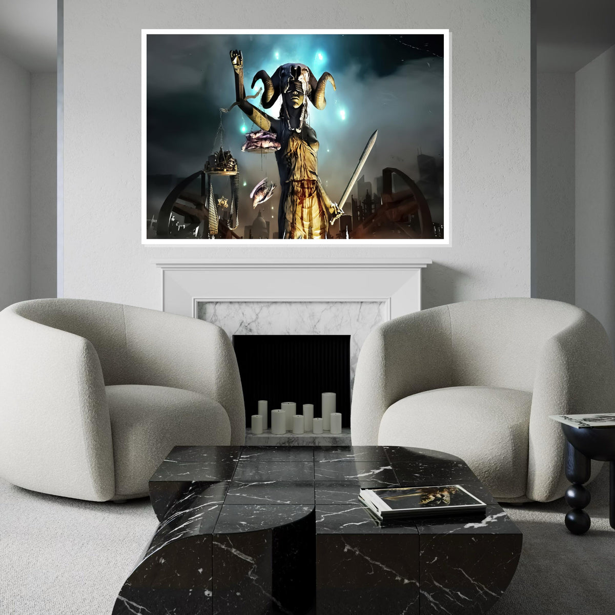 Surreal Justice Canvas, Lady Justice in Dark Fantasy, Horned Justice Wall Art, Sword and Scales Poster, Wall Art Canvas Design, Ready to