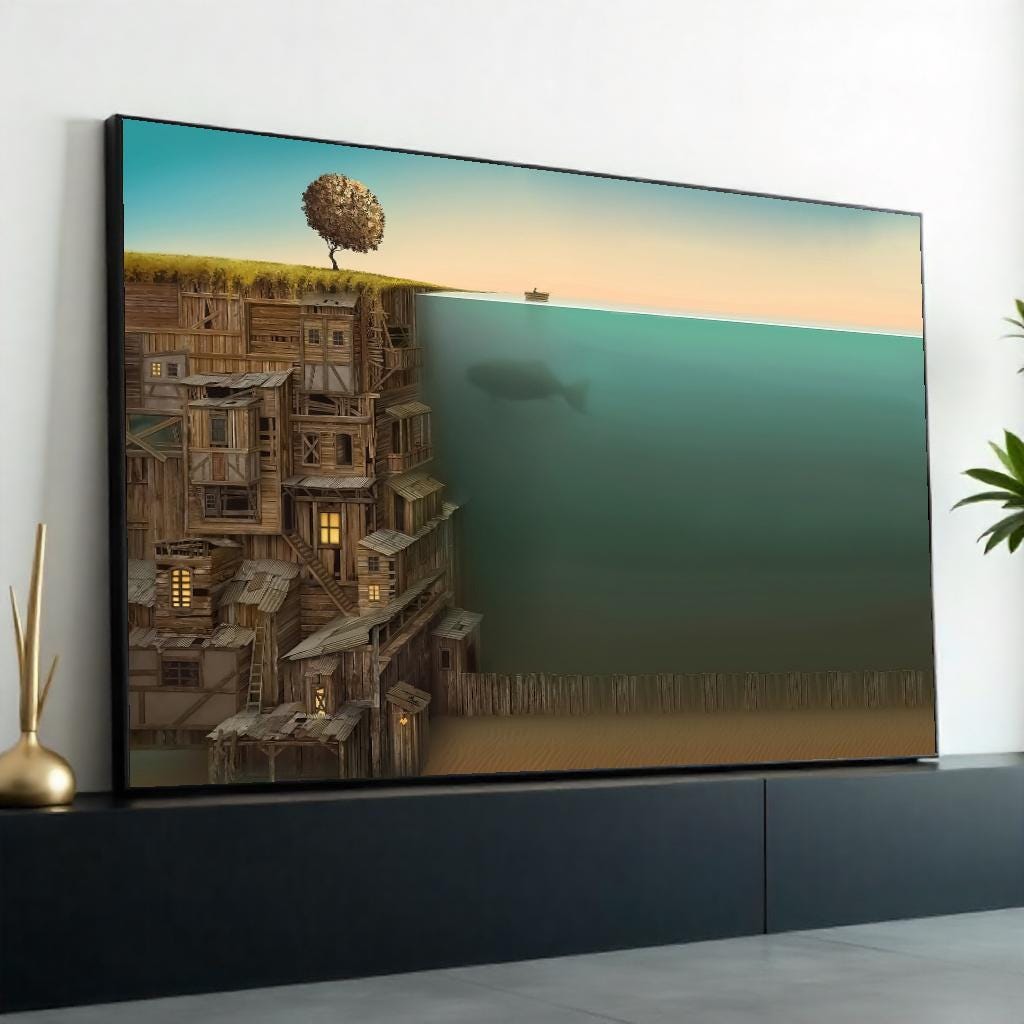 Rustic Coastal Dream, Underwater Whale Canvas, Surreal Landscape Art, Wooden Cliff Houses, Wall Art Canvas Design, Ready to Hang