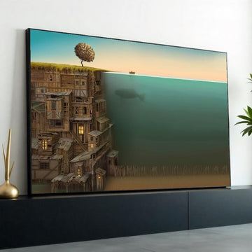 Rustic Coastal Dream, Underwater Whale Canvas, Surreal Landscape Art, Wooden Cliff Houses, Wall Art Canvas Design, Ready to Hang