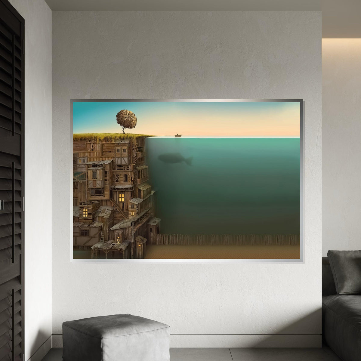 Rustic Coastal Dream, Underwater Whale Canvas, Surreal Landscape Art, Wooden Cliff Houses, Wall Art Canvas Design, Ready to Hang