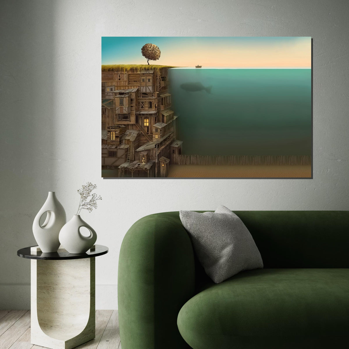 Rustic Coastal Dream, Underwater Whale Canvas, Surreal Landscape Art, Wooden Cliff Houses, Wall Art Canvas Design, Ready to Hang