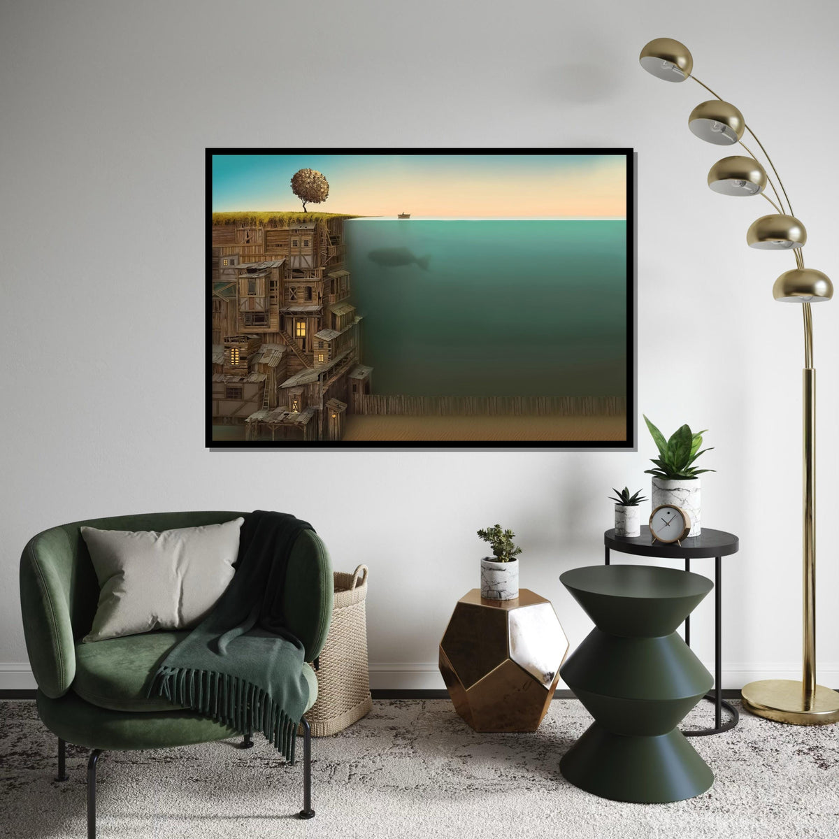 Rustic Coastal Dream, Underwater Whale Canvas, Surreal Landscape Art, Wooden Cliff Houses, Wall Art Canvas Design, Ready to Hang