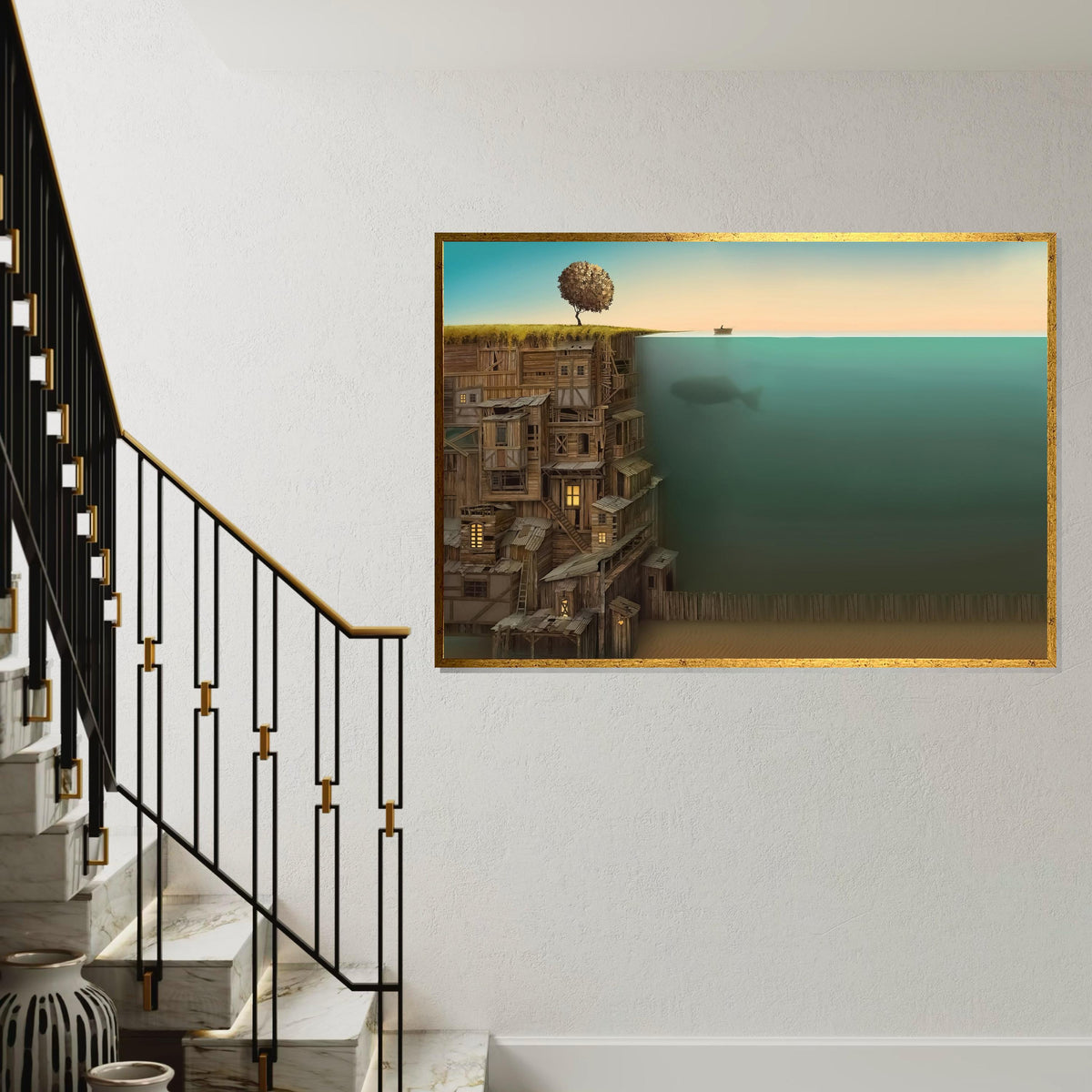 Rustic Coastal Dream, Underwater Whale Canvas, Surreal Landscape Art, Wooden Cliff Houses, Wall Art Canvas Design, Ready to Hang