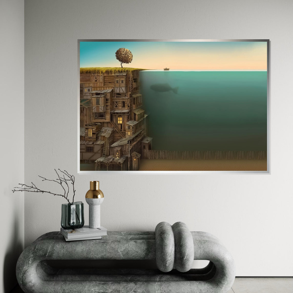 Rustic Coastal Dream, Underwater Whale Canvas, Surreal Landscape Art, Wooden Cliff Houses, Wall Art Canvas Design, Ready to Hang