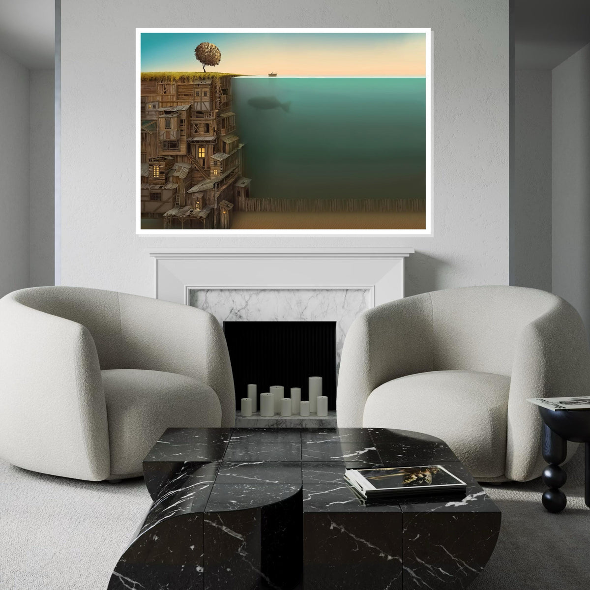 Rustic Coastal Dream, Underwater Whale Canvas, Surreal Landscape Art, Wooden Cliff Houses, Wall Art Canvas Design, Ready to Hang