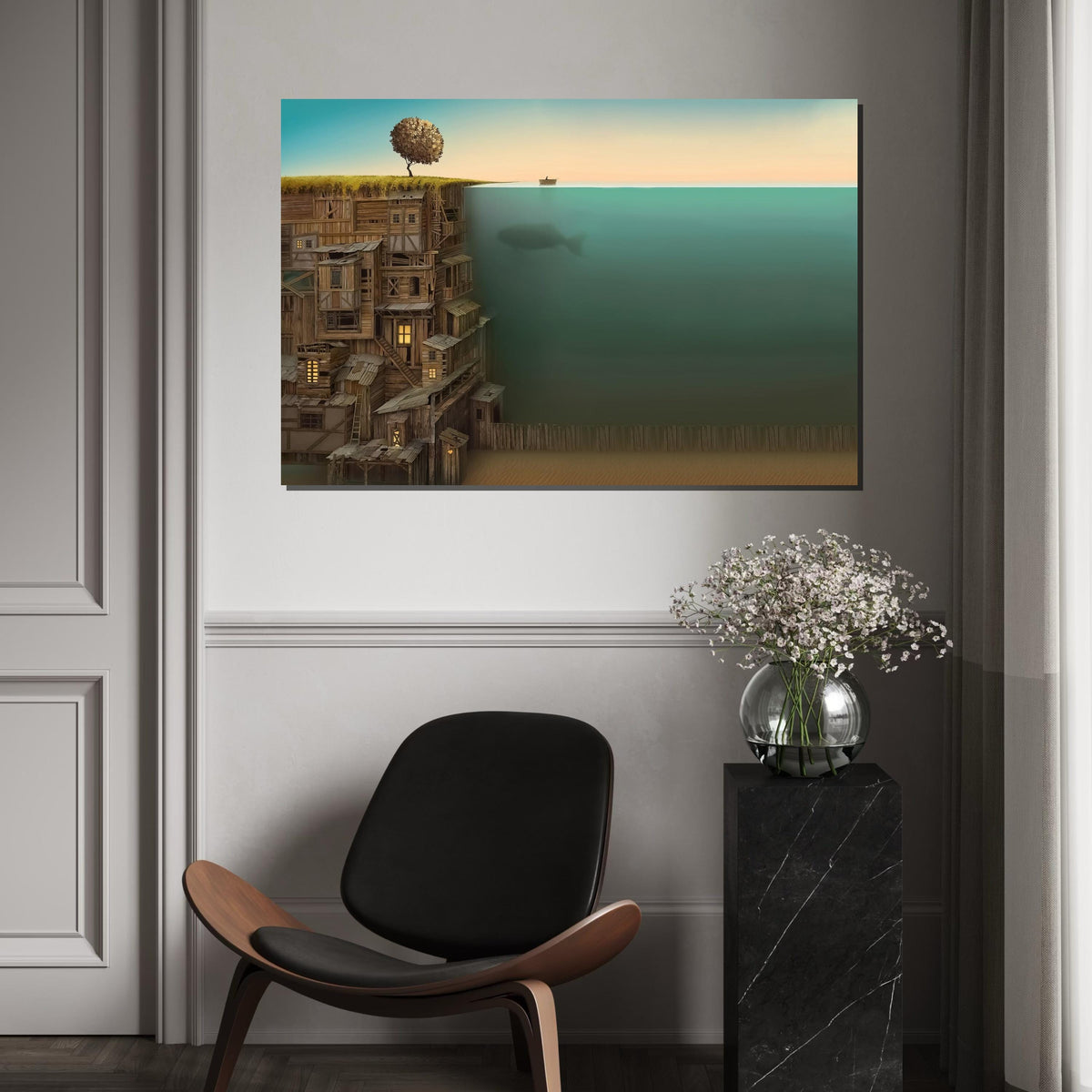 Rustic Coastal Dream, Underwater Whale Canvas, Surreal Landscape Art, Wooden Cliff Houses, Wall Art Canvas Design, Ready to Hang