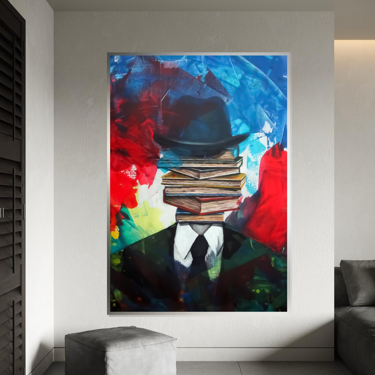 Surreal Book Head, Abstract Canvas Art, Book Stack Man, Wall Art Canvas Design, Ready To Hang Decoration