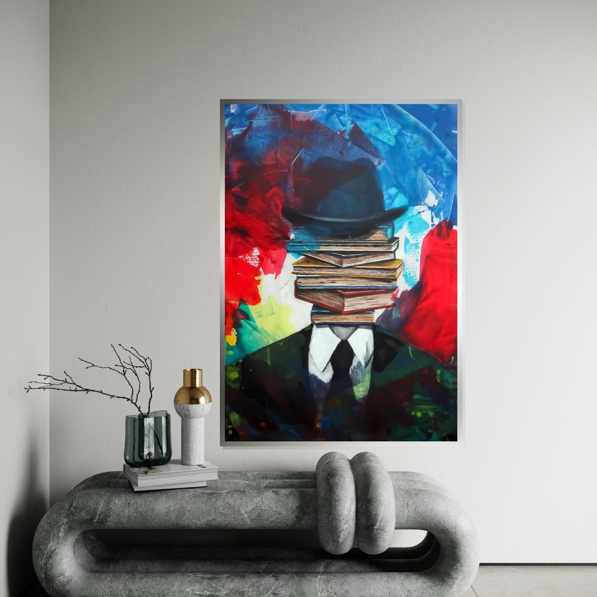 Surreal Book Head, Abstract Canvas Art, Book Stack Man, Wall Art Canvas Design, Ready To Hang Decoration