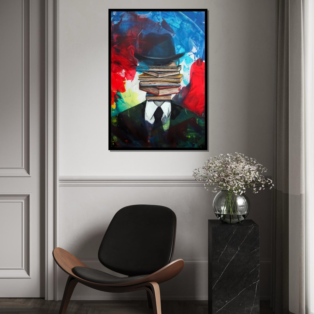Surreal Book Head, Abstract Canvas Art, Book Stack Man, Wall Art Canvas Design, Ready To Hang Decoration