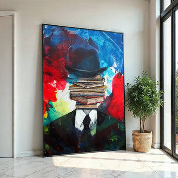 Surreal Book Head, Abstract Canvas Art, Book Stack Man, Wall Art Canvas Design, Ready To Hang Decoration
