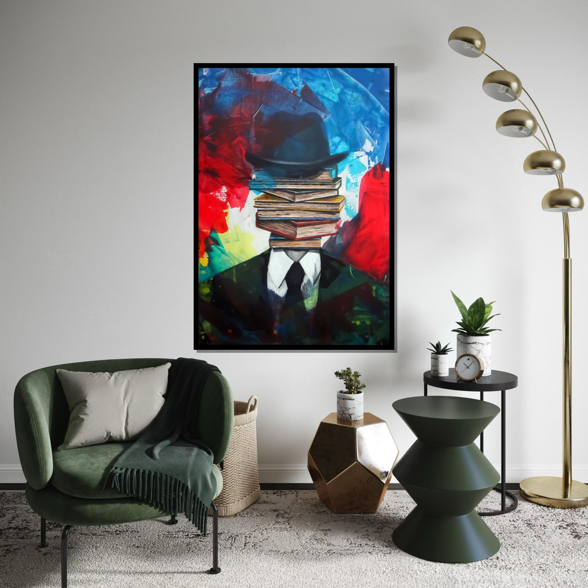 Surreal Book Head, Abstract Canvas Art, Book Stack Man, Wall Art Canvas Design, Ready To Hang Decoration