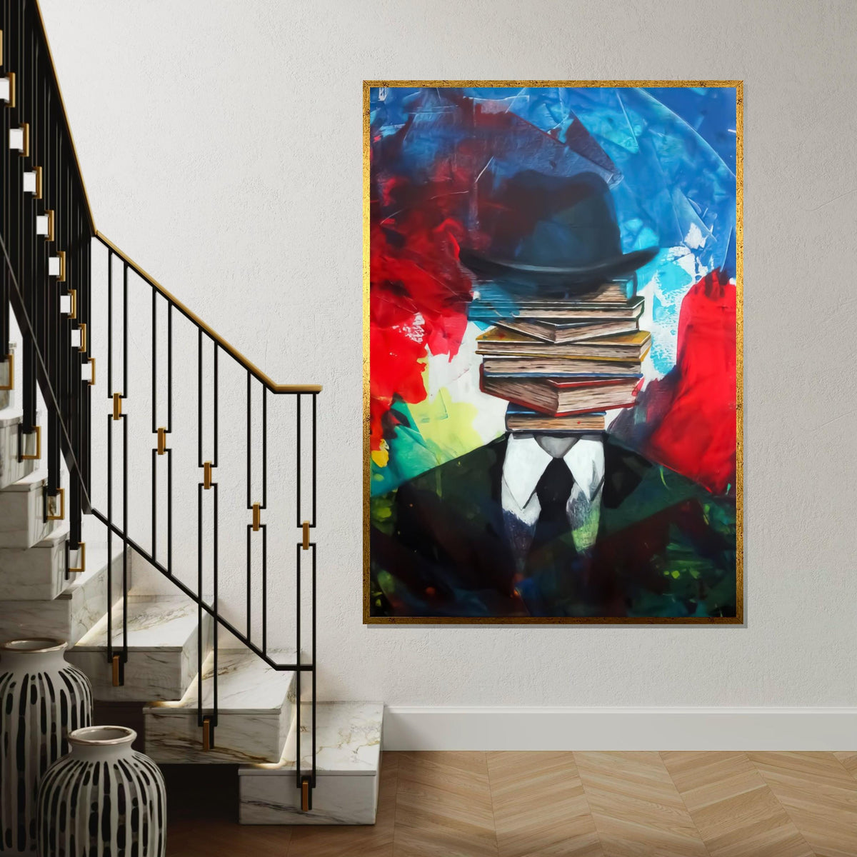 Surreal Book Head, Abstract Canvas Art, Book Stack Man, Wall Art Canvas Design, Ready To Hang Decoration