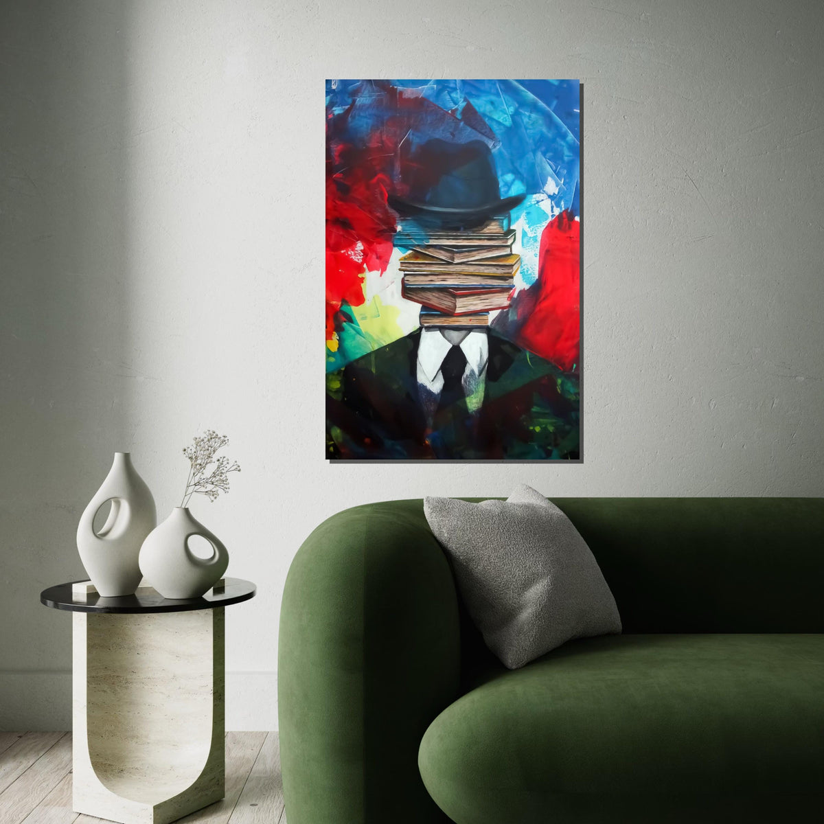 Surreal Book Head, Abstract Canvas Art, Book Stack Man, Wall Art Canvas Design, Ready To Hang Decoration