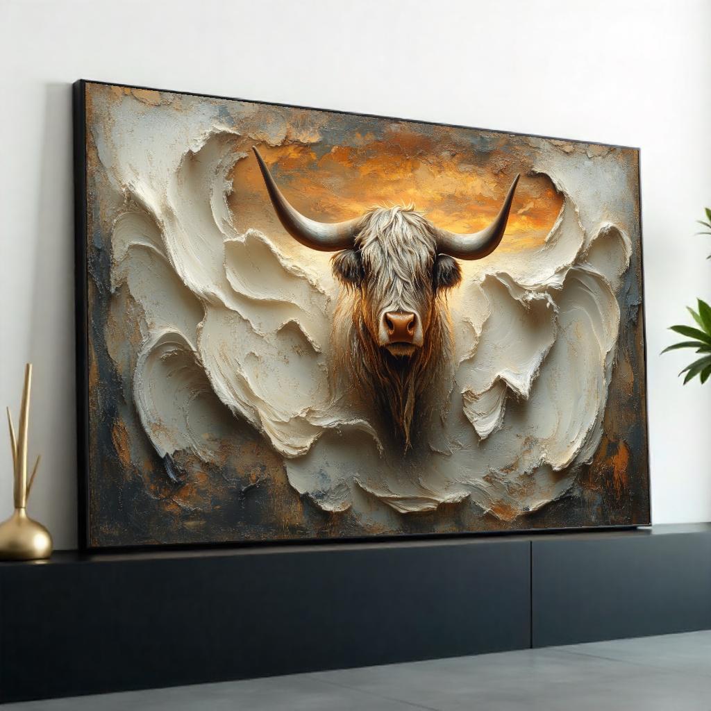 Shaggy Highland Cow Canvas, Textured Bull Wall Art, Animal Artwork, Wall Art Canvas Design, Ready To Hang Decoration, Print Art