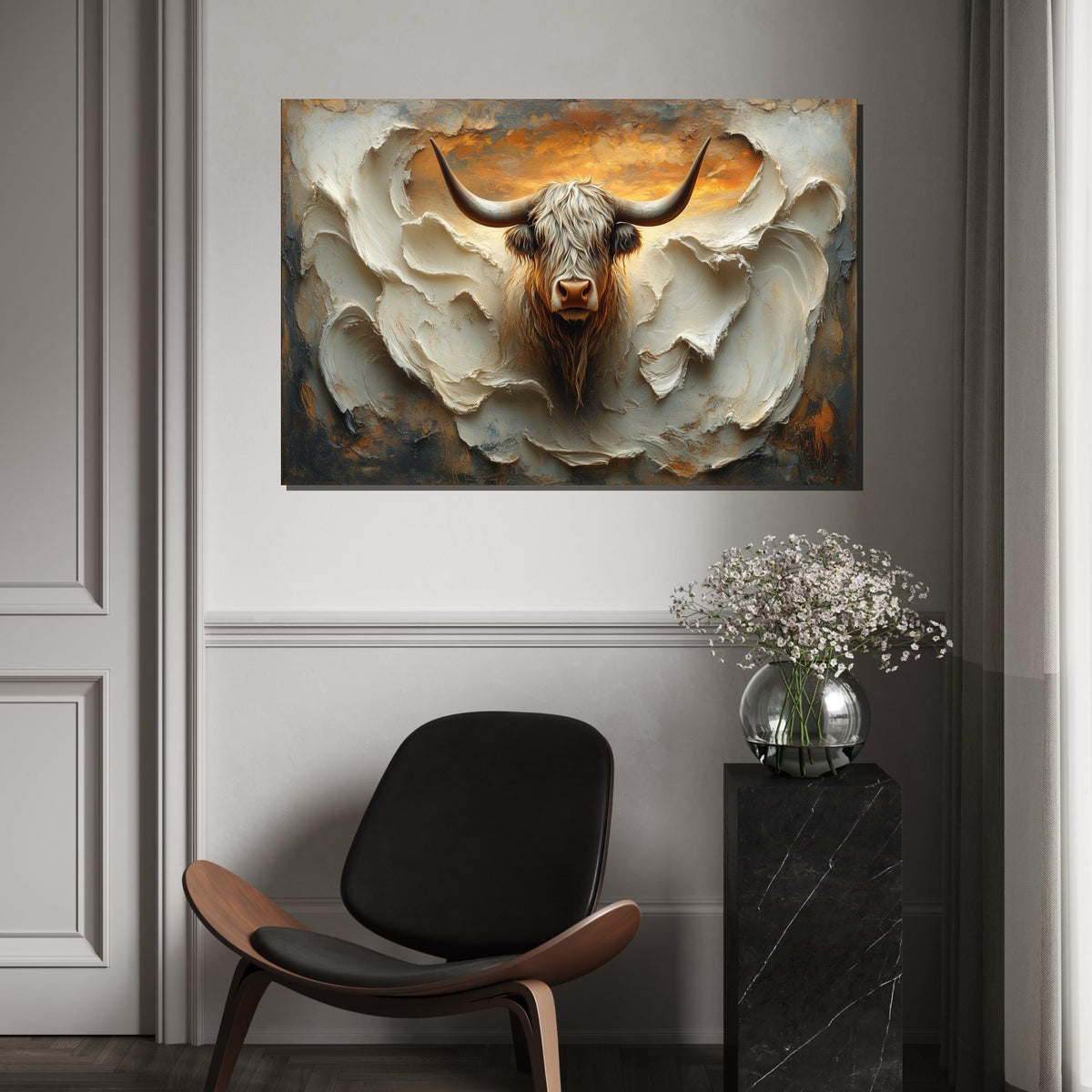 Shaggy Highland Cow Canvas, Textured Bull Wall Art, Animal Artwork, Wall Art Canvas Design, Ready To Hang Decoration, Print Art