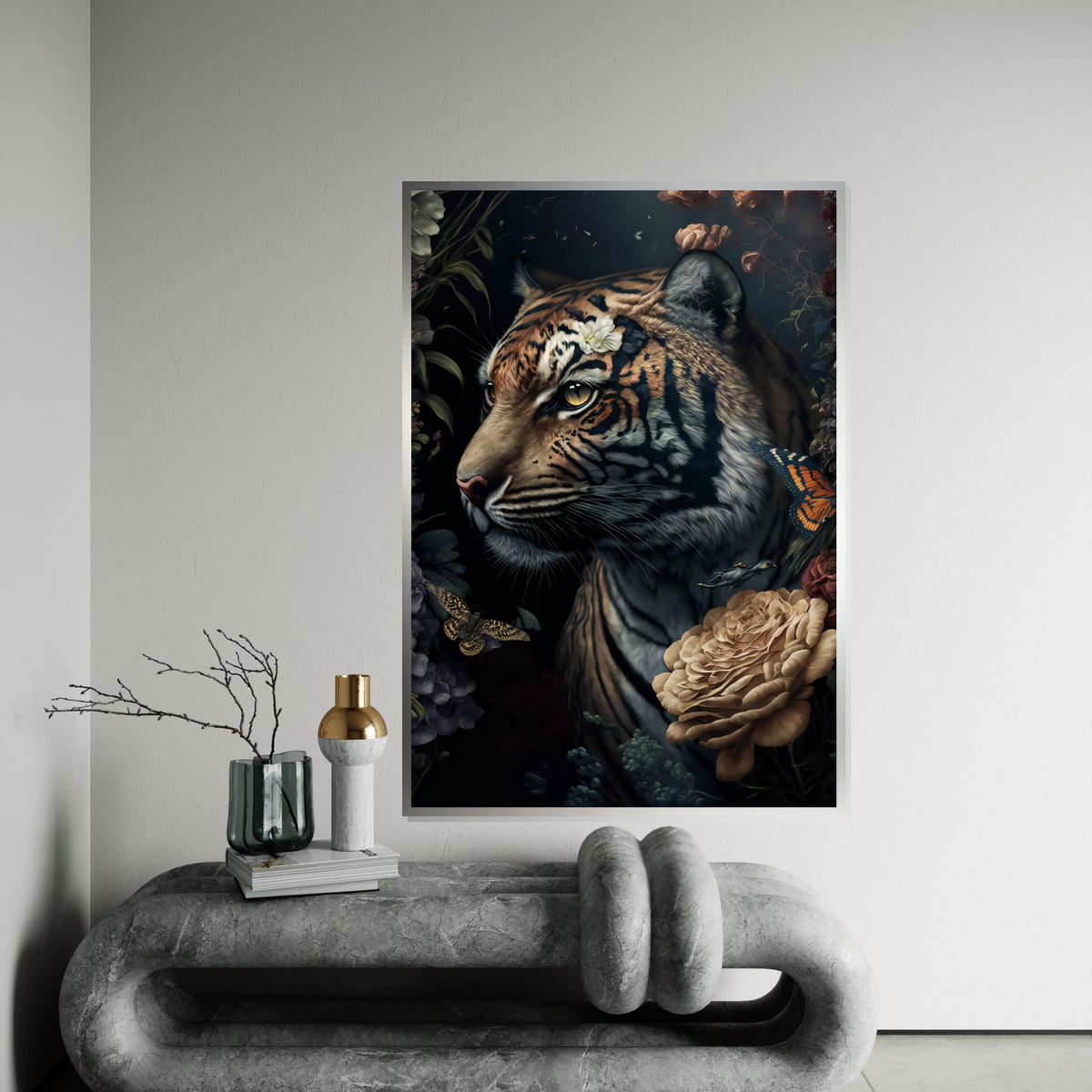 Majestic Tiger Canvas, Floral Tiger Art, Butterfly and Bird Wall Art, Jungle Animal Canvas Design, Ready To Hang Decoration
