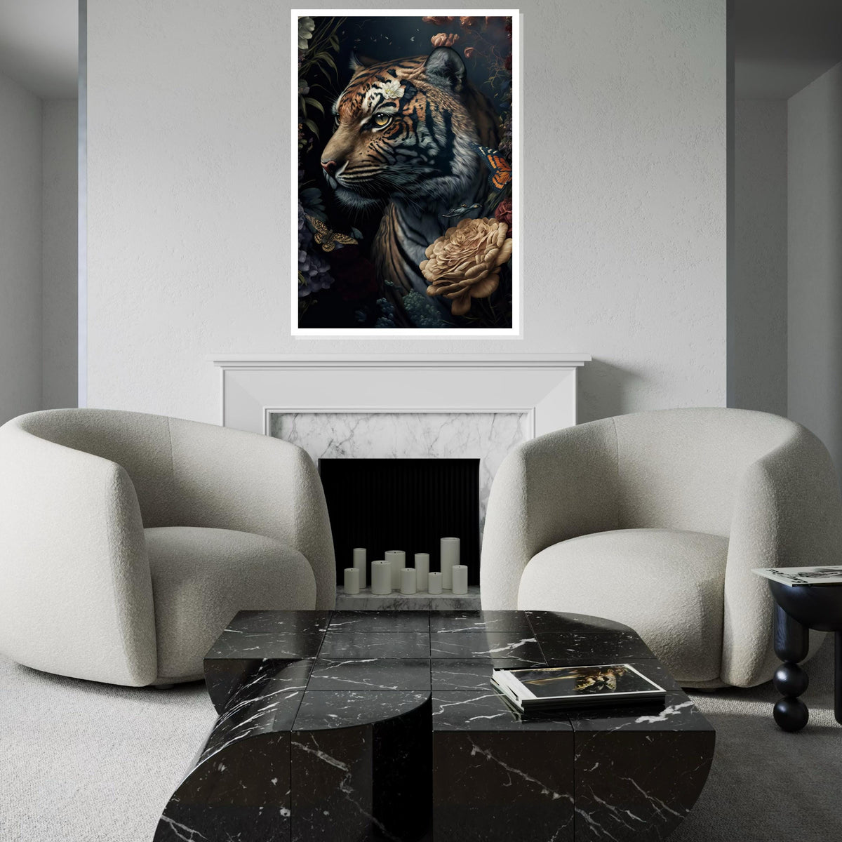Majestic Tiger Canvas, Floral Tiger Art, Butterfly and Bird Wall Art, Jungle Animal Canvas Design, Ready To Hang Decoration