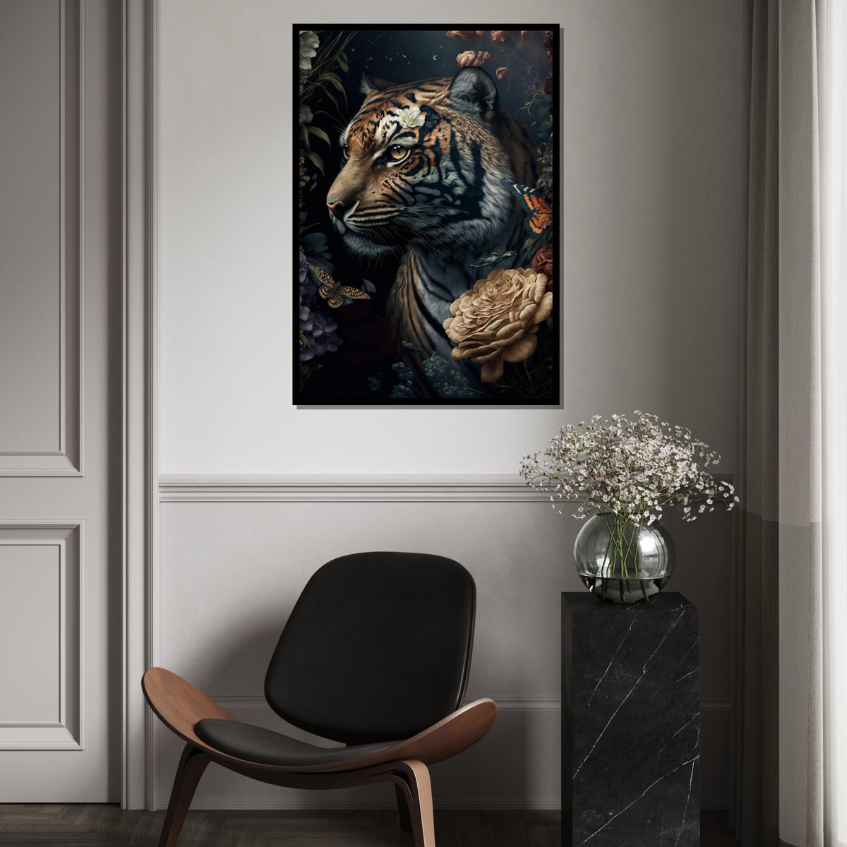 Majestic Tiger Canvas, Floral Tiger Art, Butterfly and Bird Wall Art, Jungle Animal Canvas Design, Ready To Hang Decoration