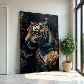 Majestic Tiger Canvas, Floral Tiger Art, Butterfly and Bird Wall Art, Jungle Animal Canvas Design, Ready To Hang Decoration