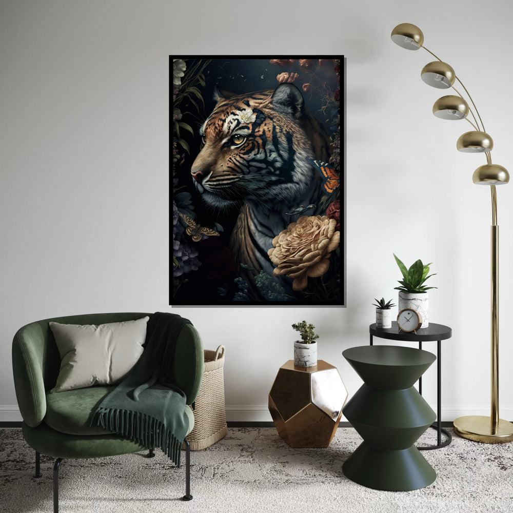 Majestic Tiger Canvas, Floral Tiger Art, Butterfly and Bird Wall Art, Jungle Animal Canvas Design, Ready To Hang Decoration