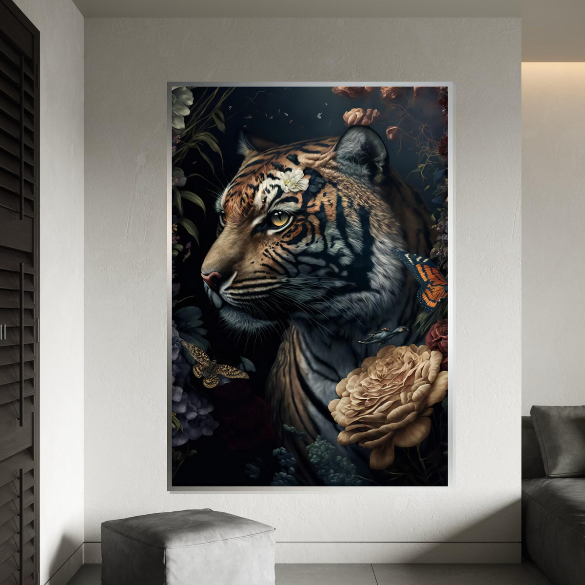Majestic Tiger Canvas, Floral Tiger Art, Butterfly and Bird Wall Art, Jungle Animal Canvas Design, Ready To Hang Decoration