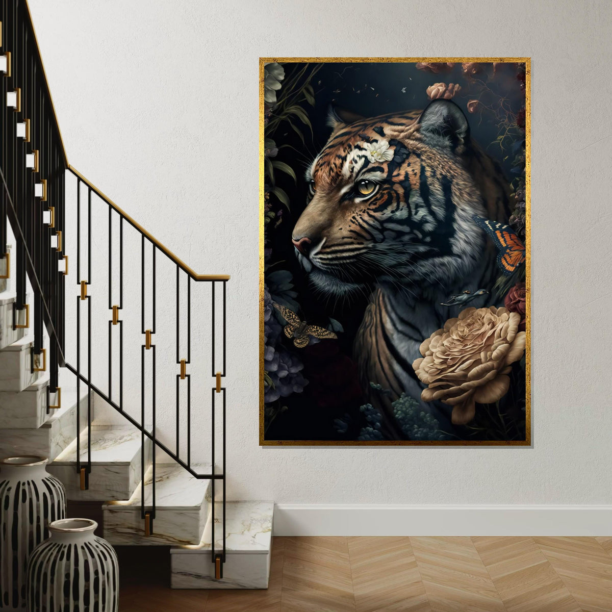 Majestic Tiger Canvas, Floral Tiger Art, Butterfly and Bird Wall Art, Jungle Animal Canvas Design, Ready To Hang Decoration
