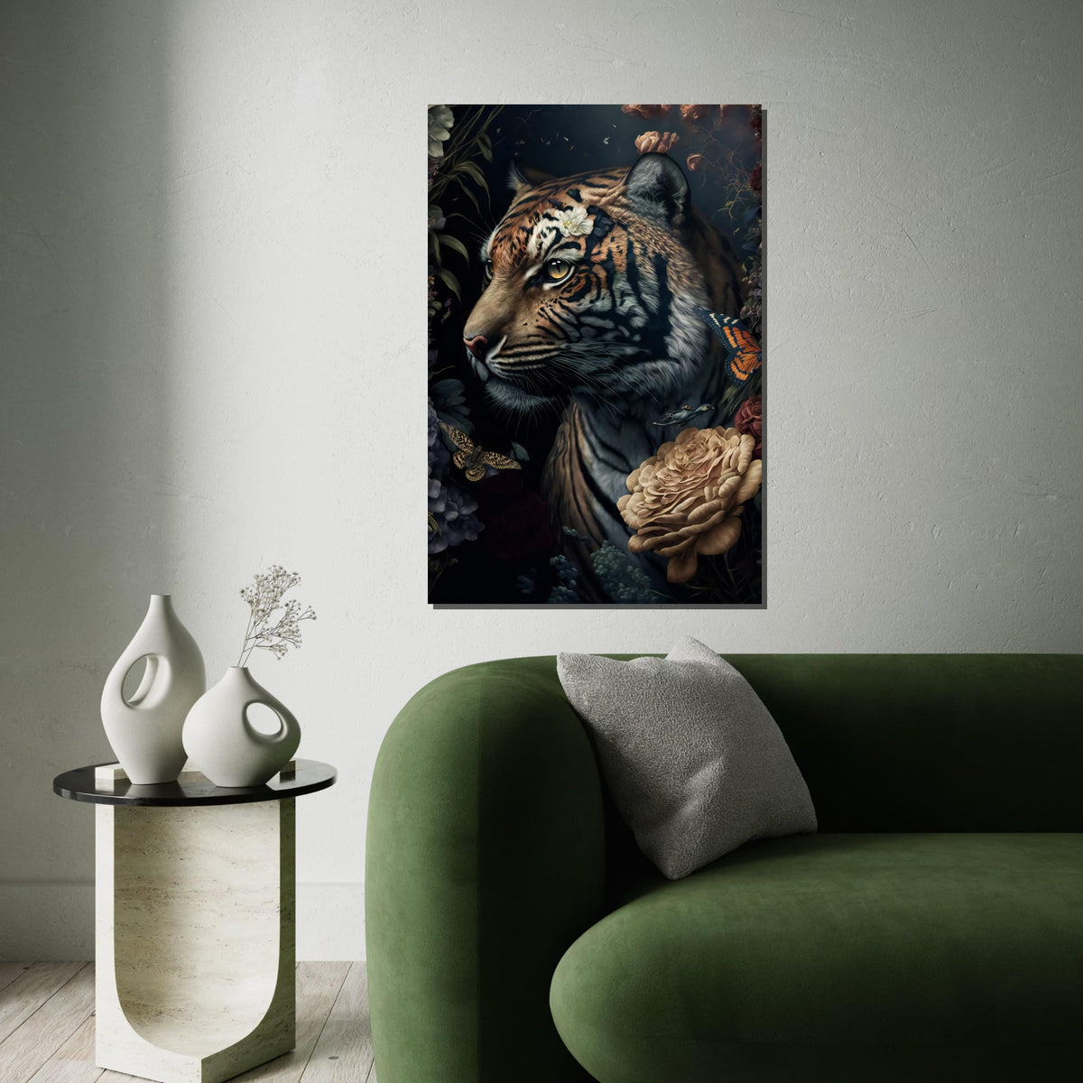 Majestic Tiger Canvas, Floral Tiger Art, Butterfly and Bird Wall Art, Jungle Animal Canvas Design, Ready To Hang Decoration