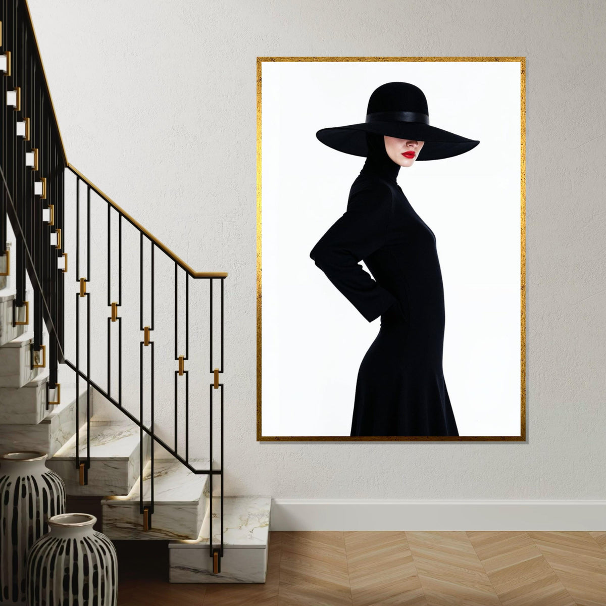 Elegant Lady in Black Hat, Fashion Canvas Art, Minimalist Wall Art, Woman Silhouette Poster, Modern Canvas Design, Ready to Hang Decor