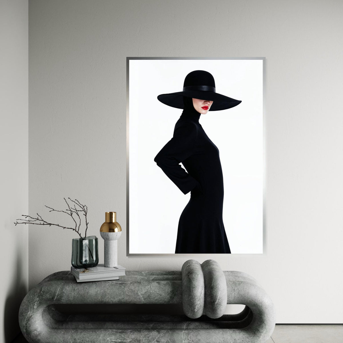 Elegant Lady in Black Hat, Fashion Canvas Art, Minimalist Wall Art, Woman Silhouette Poster, Modern Canvas Design, Ready to Hang Decor