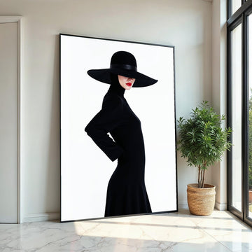 Elegant Lady in Black Hat, Fashion Canvas Art, Minimalist Wall Art, Woman Silhouette Poster, Modern Canvas Design, Ready to Hang Decor
