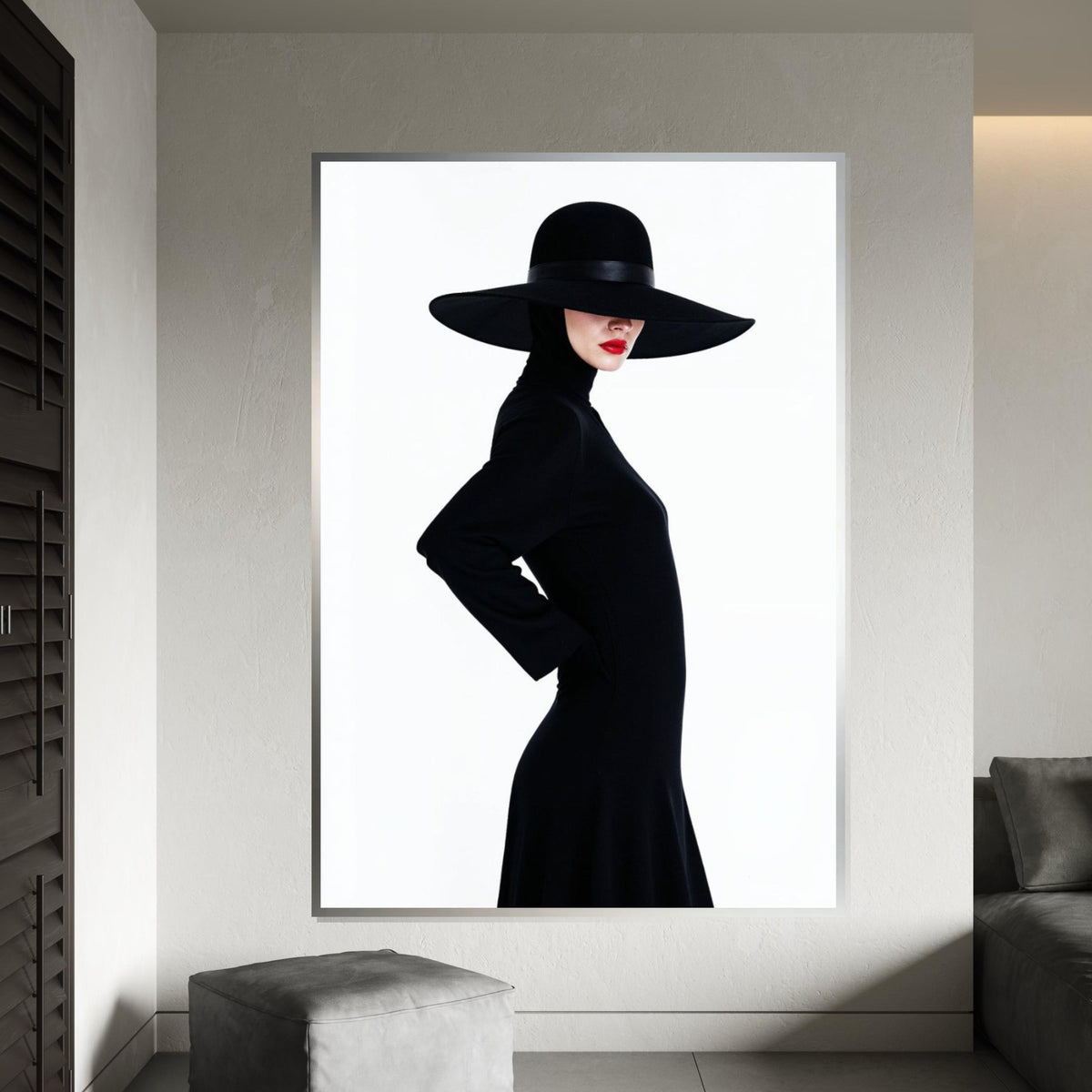 Elegant Lady in Black Hat, Fashion Canvas Art, Minimalist Wall Art, Woman Silhouette Poster, Modern Canvas Design, Ready to Hang Decor