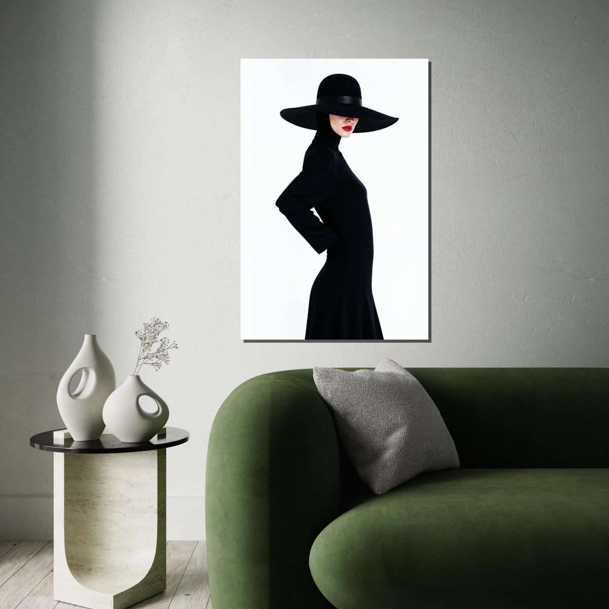 Elegant Lady in Black Hat, Fashion Canvas Art, Minimalist Wall Art, Woman Silhouette Poster, Modern Canvas Design, Ready to Hang Decor