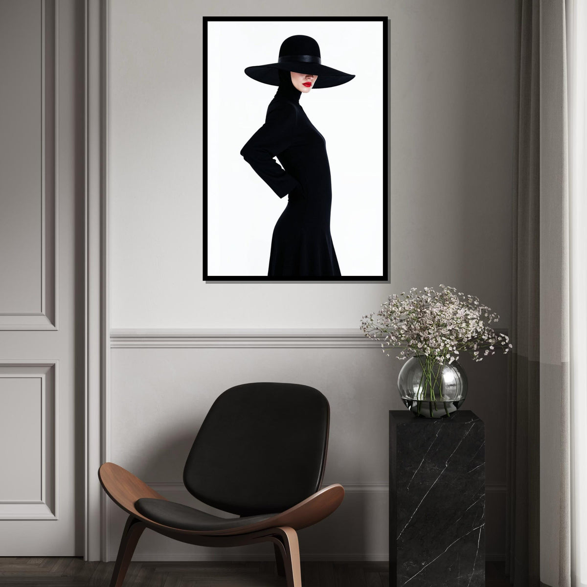 Elegant Lady in Black Hat, Fashion Canvas Art, Minimalist Wall Art, Woman Silhouette Poster, Modern Canvas Design, Ready to Hang Decor