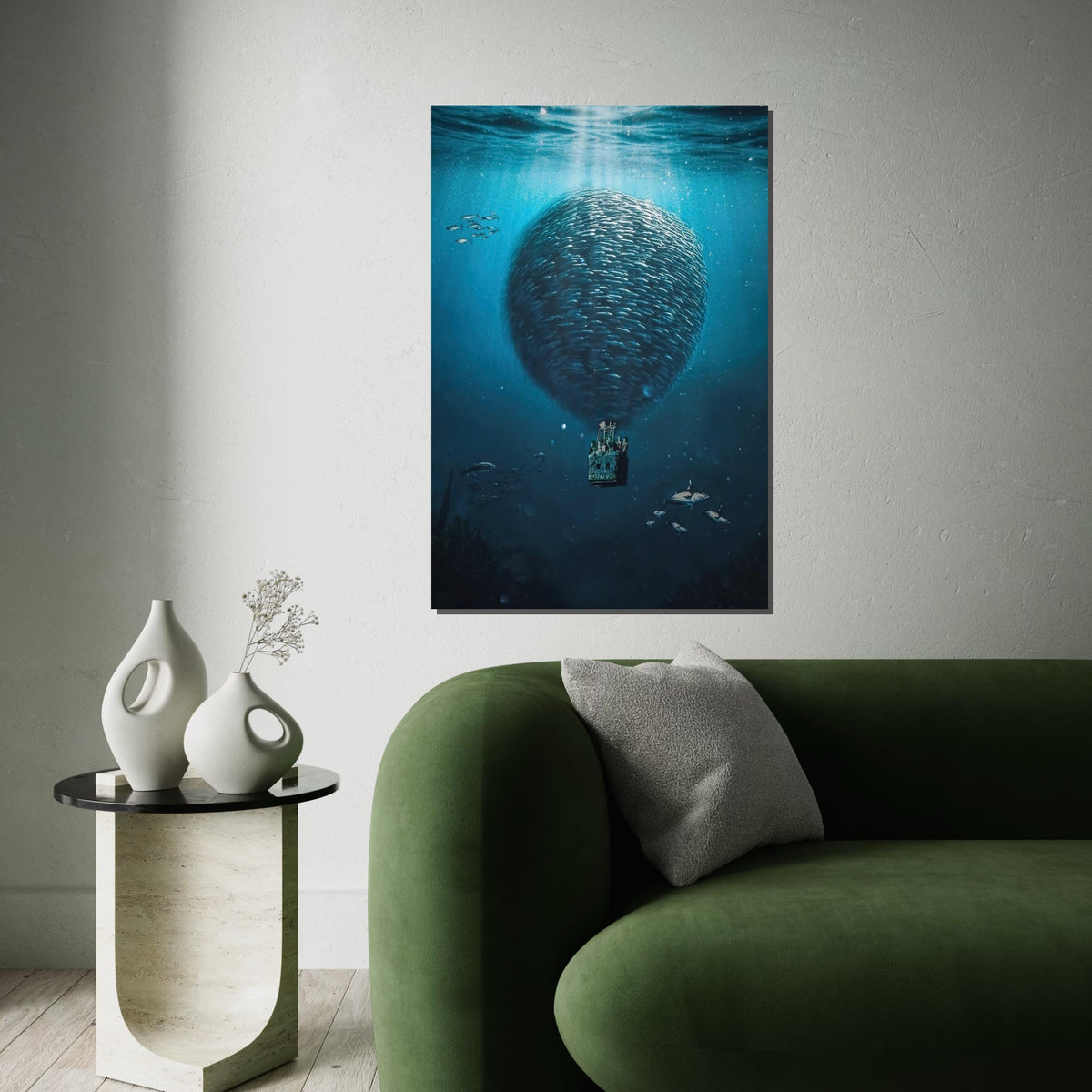 Balloon of Fish Canvas, Surreal Ocean Art, Underwater Fantasy Print, Wall Art Canvas Design, Ready to Hang Decoration
