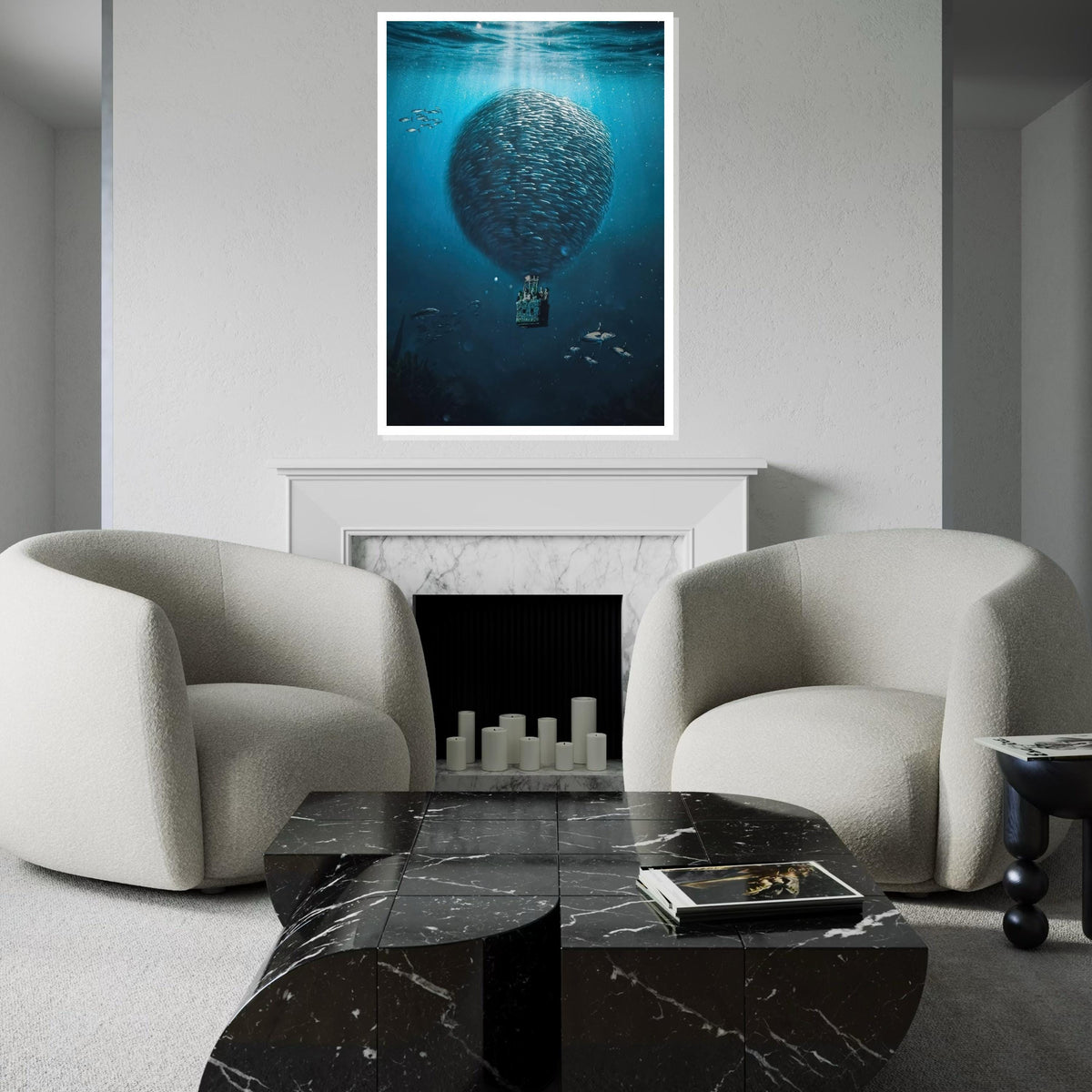 Balloon of Fish Canvas, Surreal Ocean Art, Underwater Fantasy Print, Wall Art Canvas Design, Ready to Hang Decoration