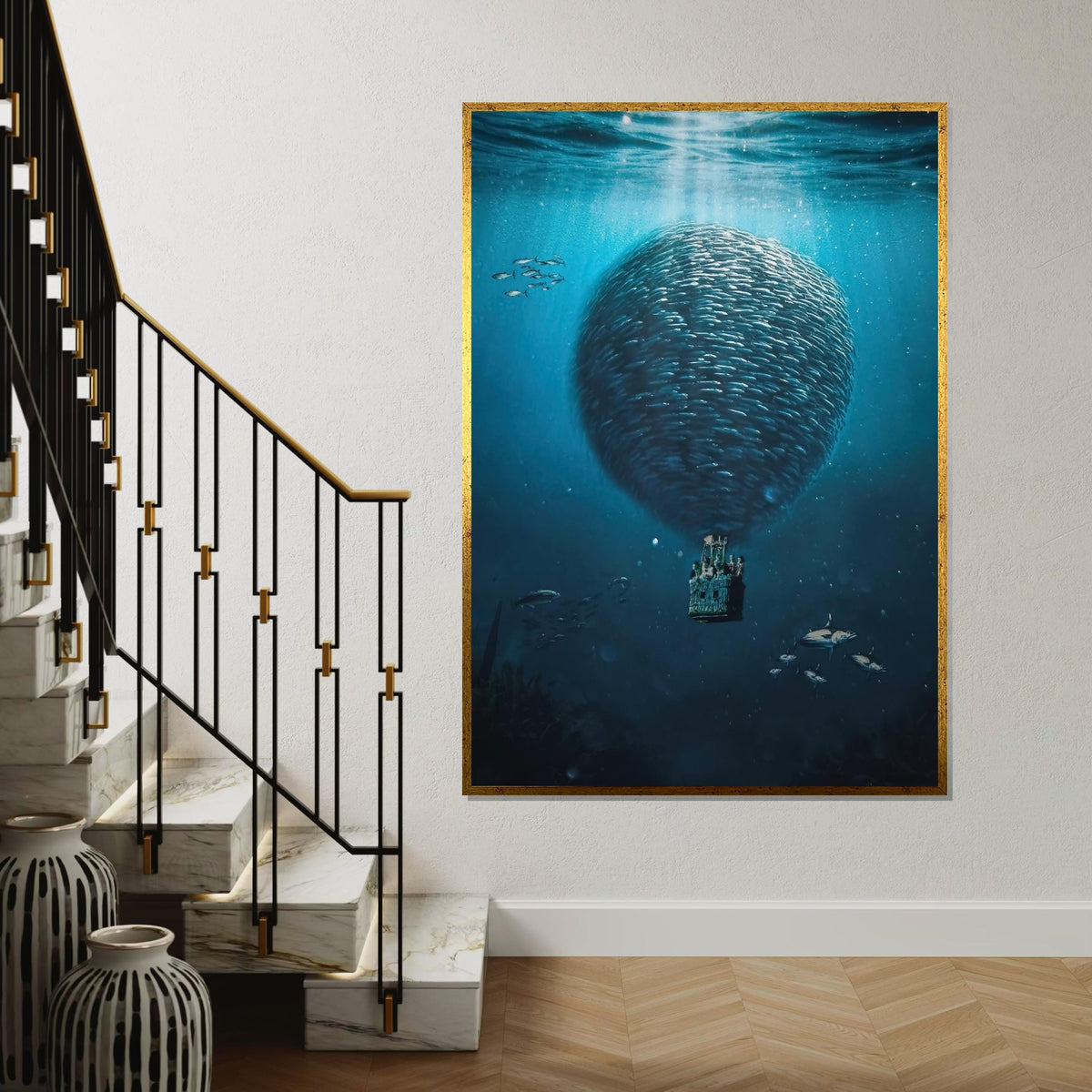 Balloon of Fish Canvas, Surreal Ocean Art, Underwater Fantasy Print, Wall Art Canvas Design, Ready to Hang Decoration