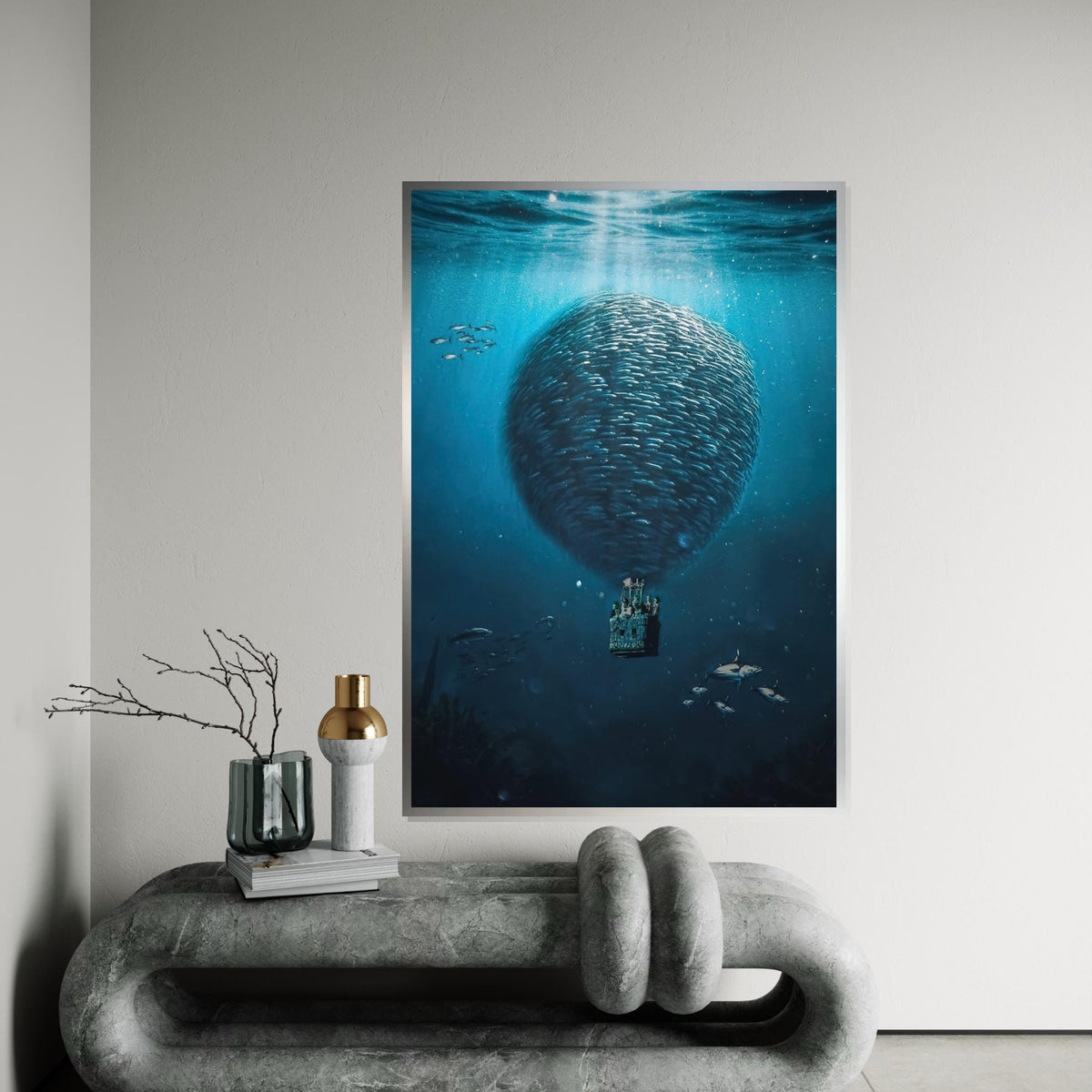 Balloon of Fish Canvas, Surreal Ocean Art, Underwater Fantasy Print, Wall Art Canvas Design, Ready to Hang Decoration