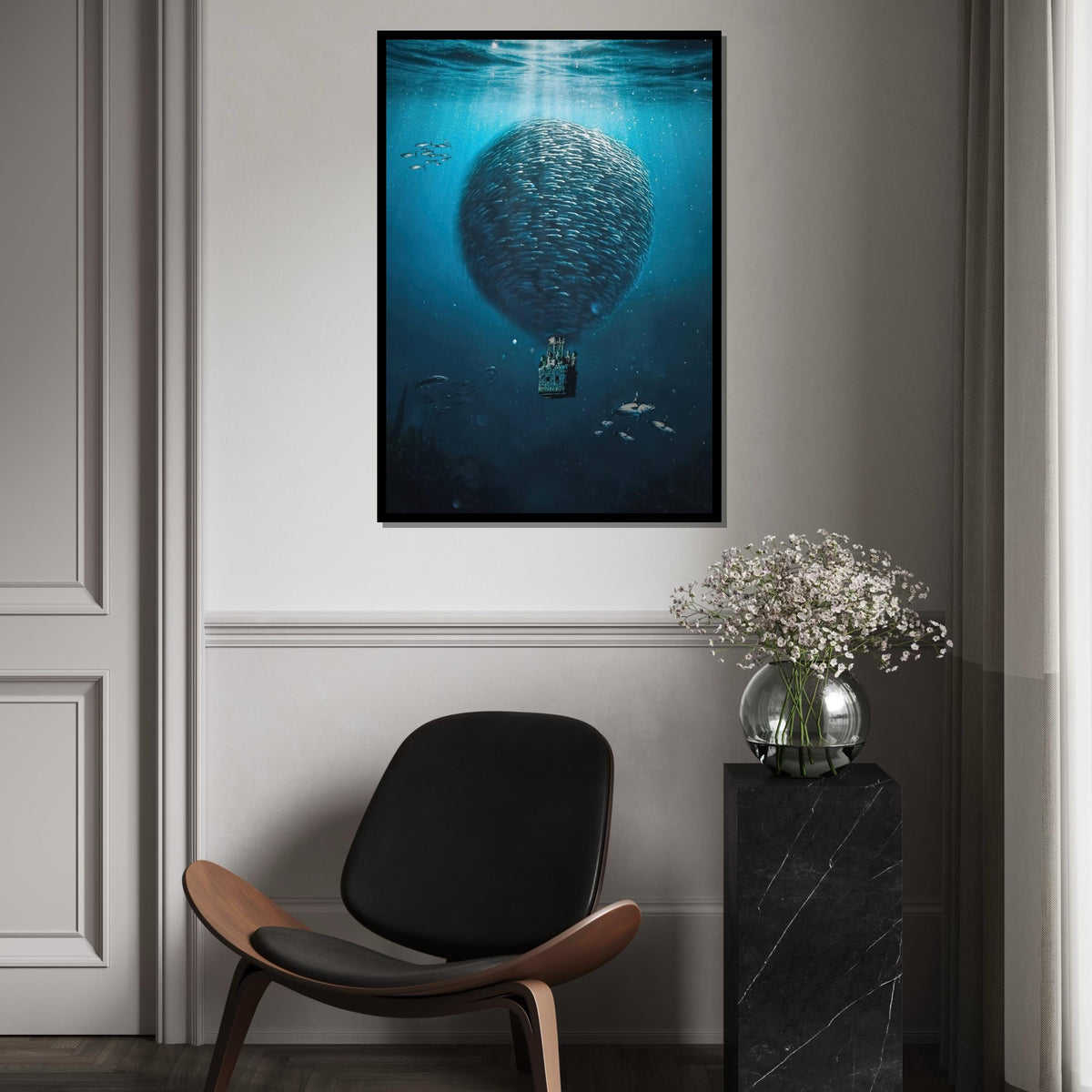 Balloon of Fish Canvas, Surreal Ocean Art, Underwater Fantasy Print, Wall Art Canvas Design, Ready to Hang Decoration