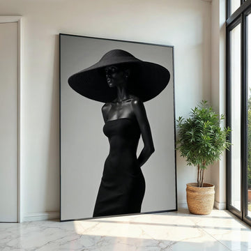Mystery Woman in Black Canvas, Elegant Hat Fashion Art, Wall Art Canvas Design, Modern Minimalist Decor, Ready to Hang Decoration