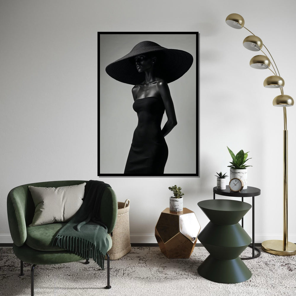 Mystery Woman in Black Canvas, Elegant Hat Fashion Art, Wall Art Canvas Design, Modern Minimalist Decor, Ready to Hang Decoration