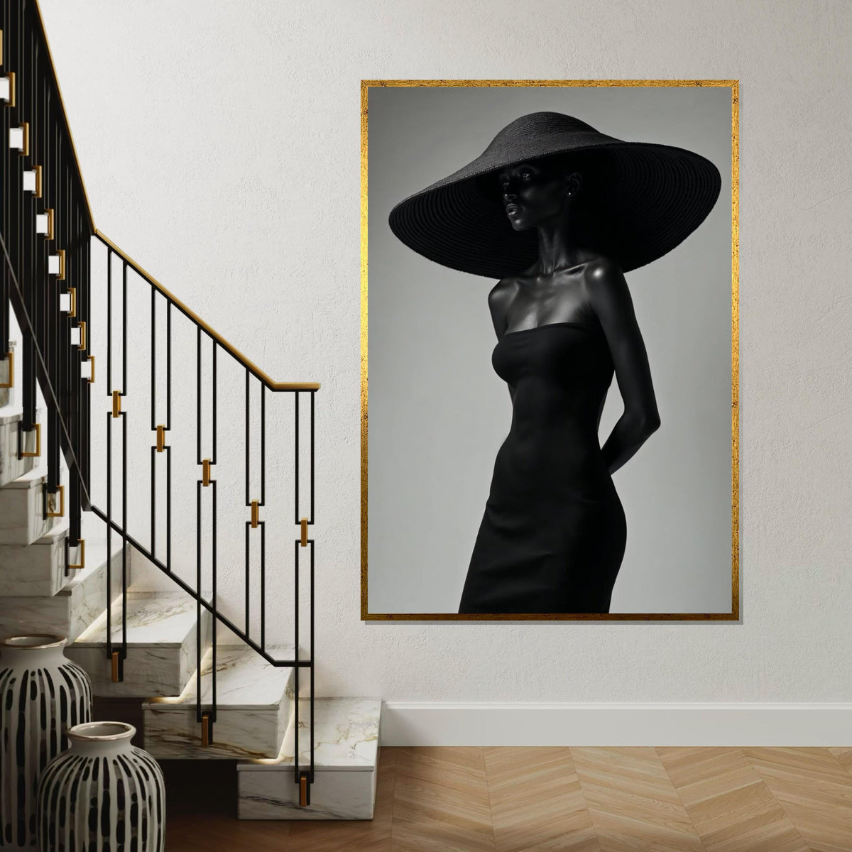 Mystery Woman in Black Canvas, Elegant Hat Fashion Art, Wall Art Canvas Design, Modern Minimalist Decor, Ready to Hang Decoration
