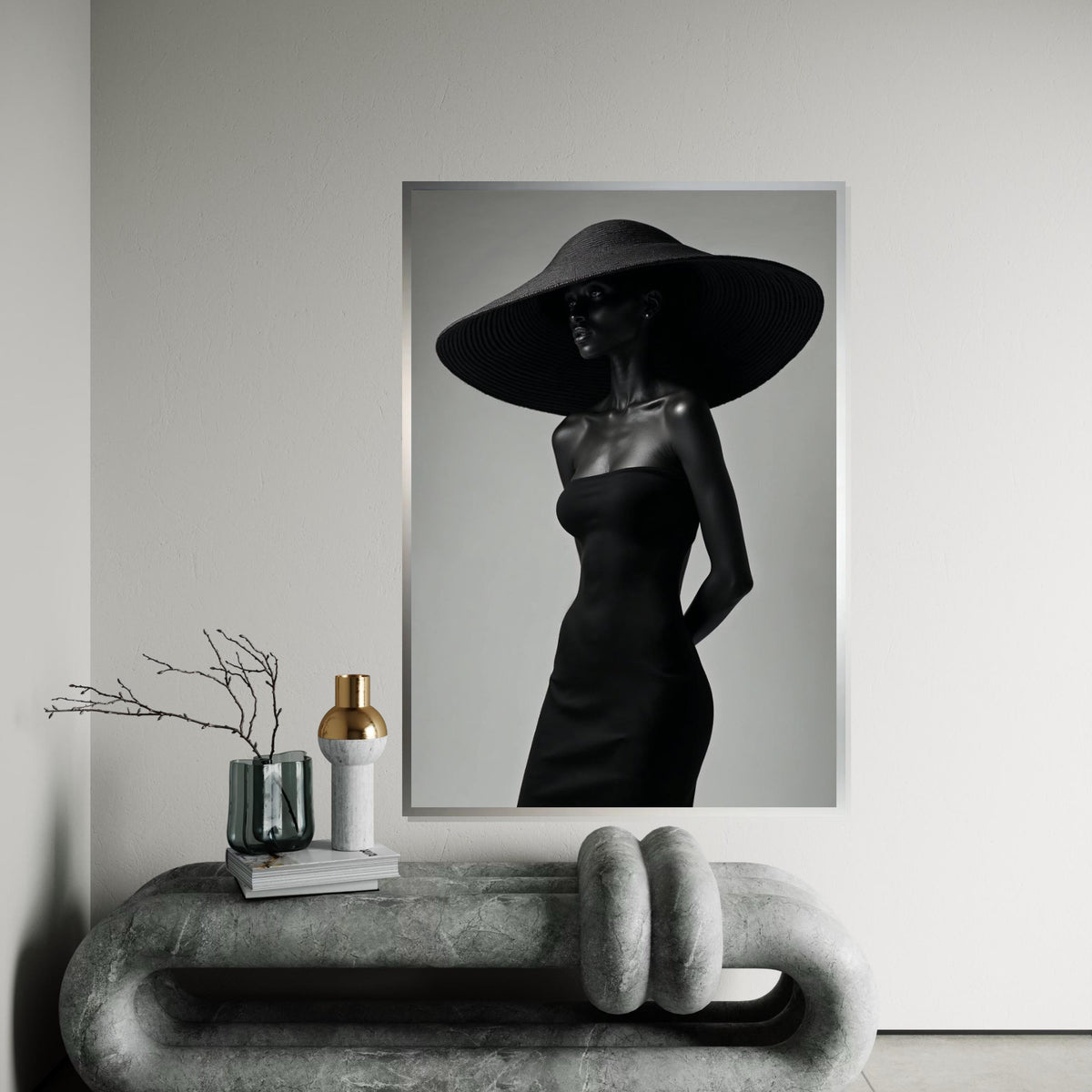 Mystery Woman in Black Canvas, Elegant Hat Fashion Art, Wall Art Canvas Design, Modern Minimalist Decor, Ready to Hang Decoration