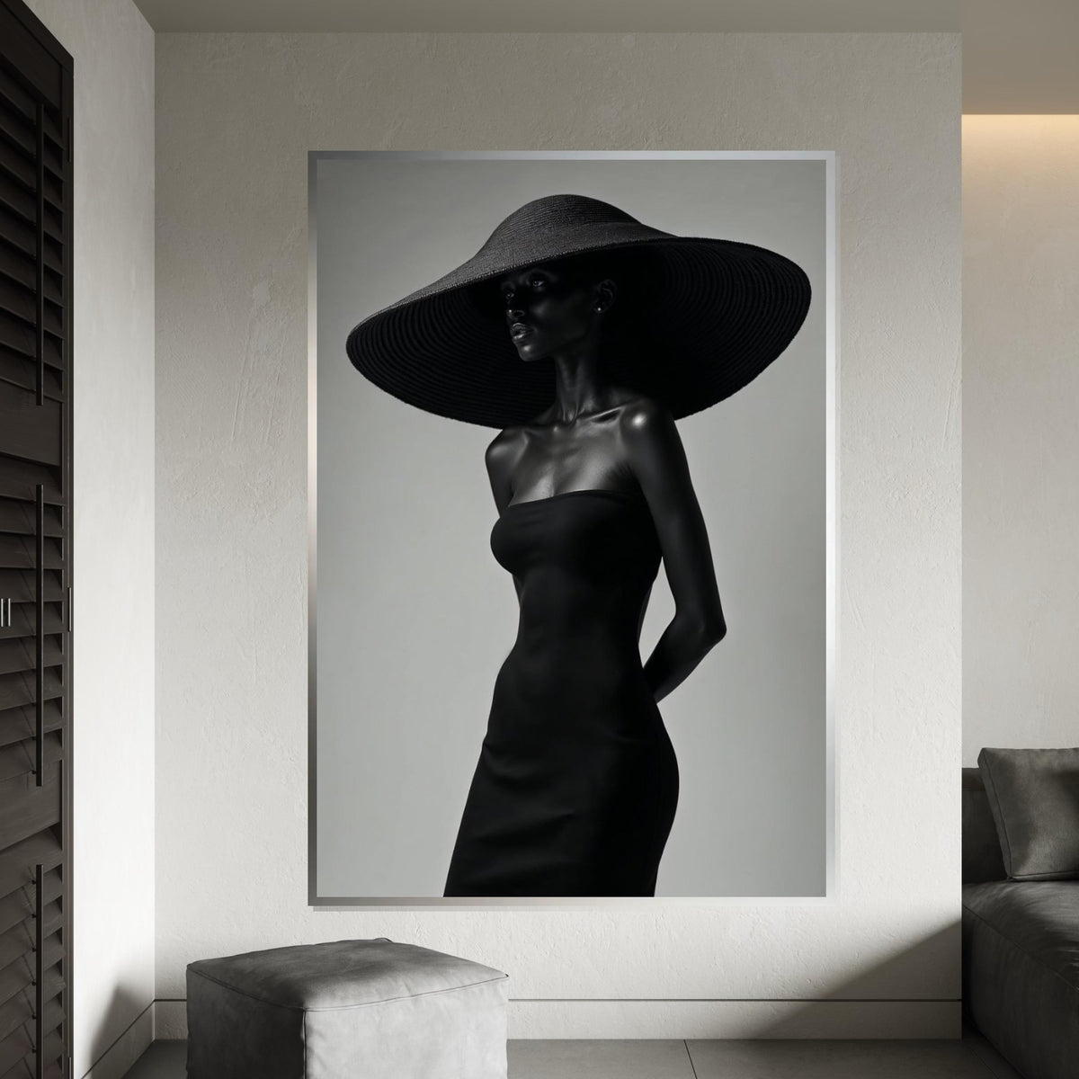 Mystery Woman in Black Canvas, Elegant Hat Fashion Art, Wall Art Canvas Design, Modern Minimalist Decor, Ready to Hang Decoration