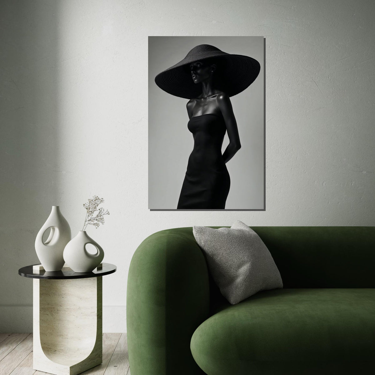 Mystery Woman in Black Canvas, Elegant Hat Fashion Art, Wall Art Canvas Design, Modern Minimalist Decor, Ready to Hang Decoration