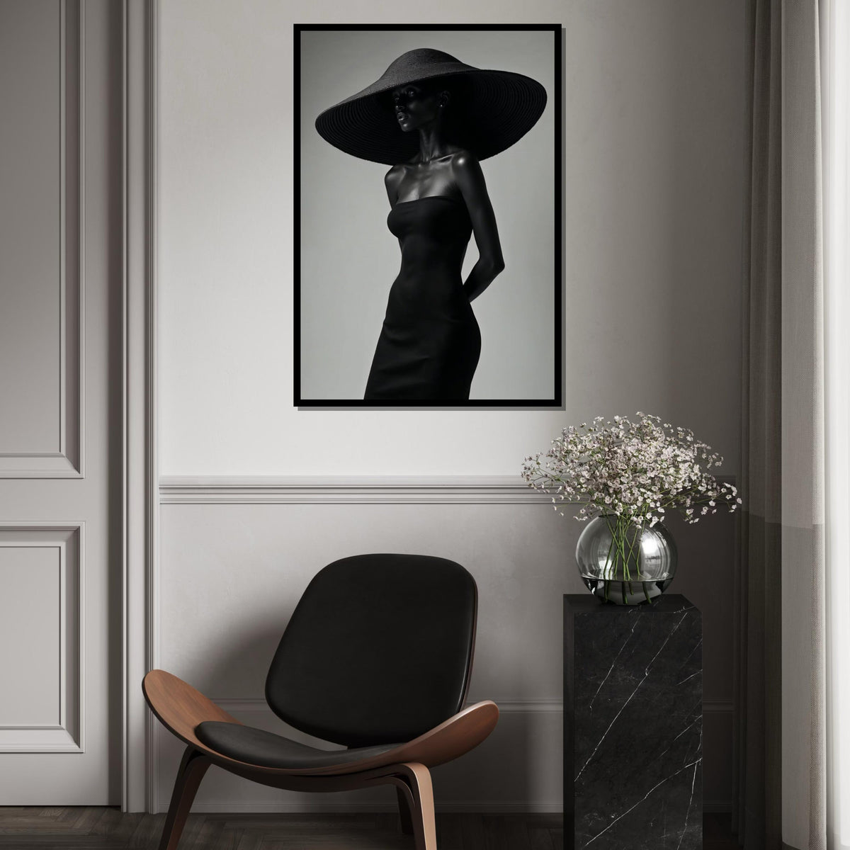 Mystery Woman in Black Canvas, Elegant Hat Fashion Art, Wall Art Canvas Design, Modern Minimalist Decor, Ready to Hang Decoration