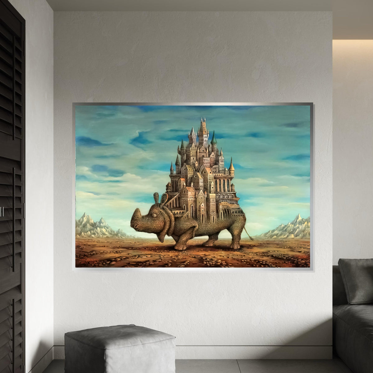 Castle Rhino Canvas, Surreal Animal Art, Architectural Fantasy Print, Wall Art Canvas Design, Ready To Hang Decoration