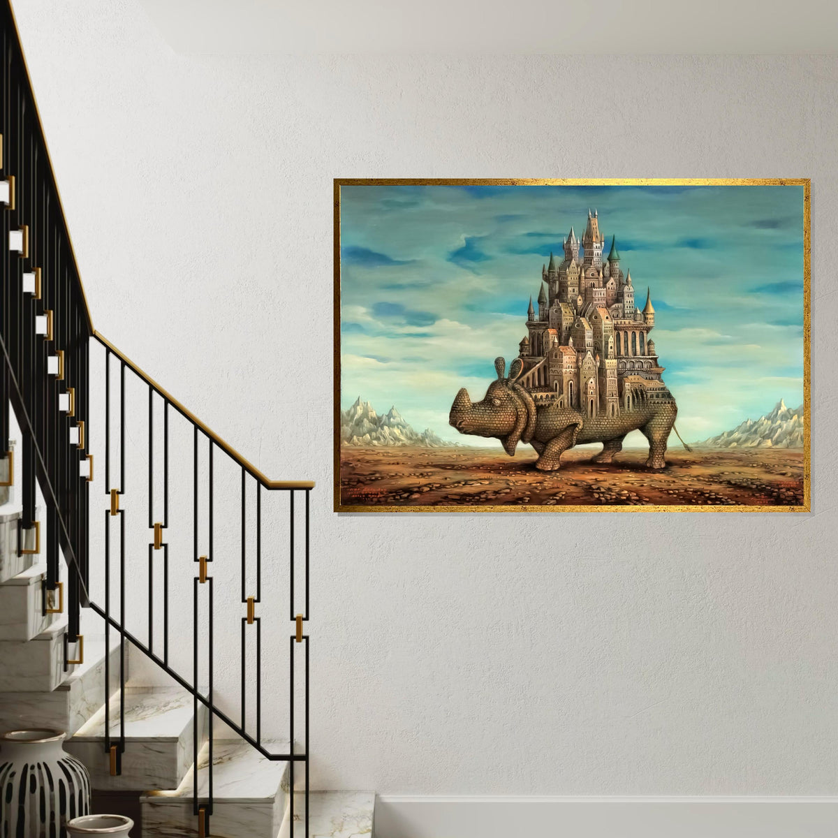 Castle Rhino Canvas, Surreal Animal Art, Architectural Fantasy Print, Wall Art Canvas Design, Ready To Hang Decoration