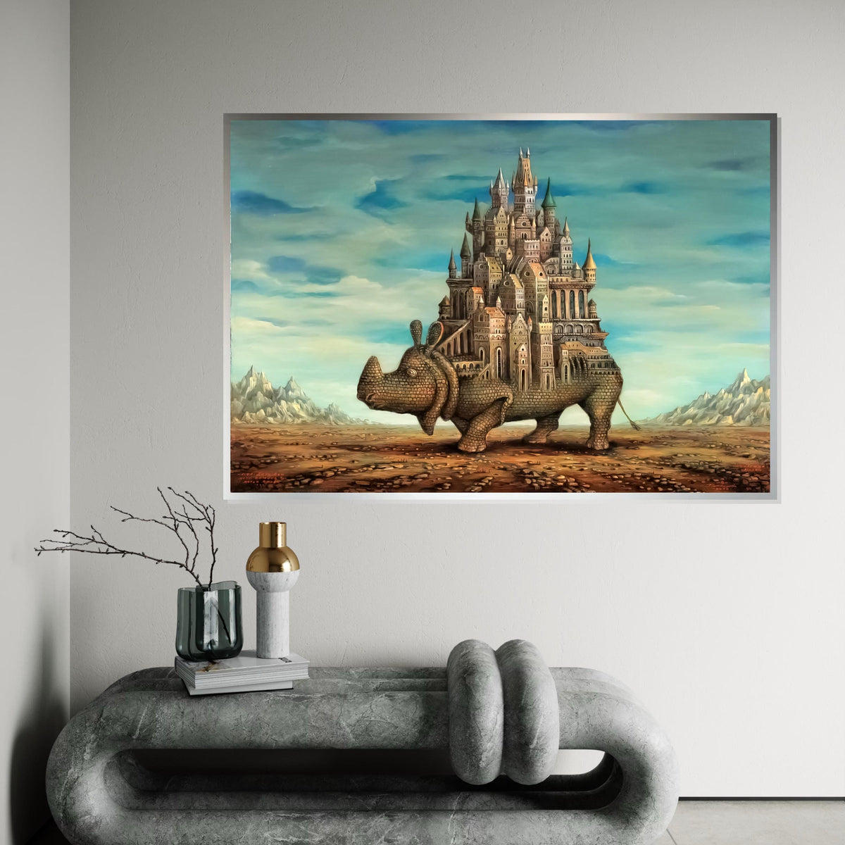 Castle Rhino Canvas, Surreal Animal Art, Architectural Fantasy Print, Wall Art Canvas Design, Ready To Hang Decoration