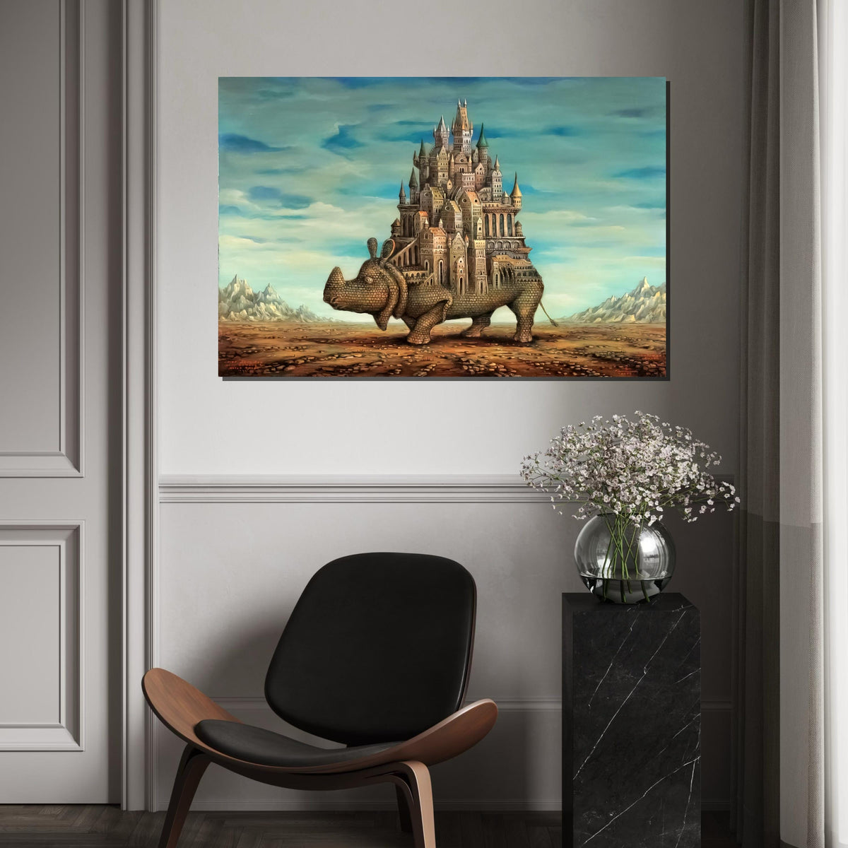 Castle Rhino Canvas, Surreal Animal Art, Architectural Fantasy Print, Wall Art Canvas Design, Ready To Hang Decoration